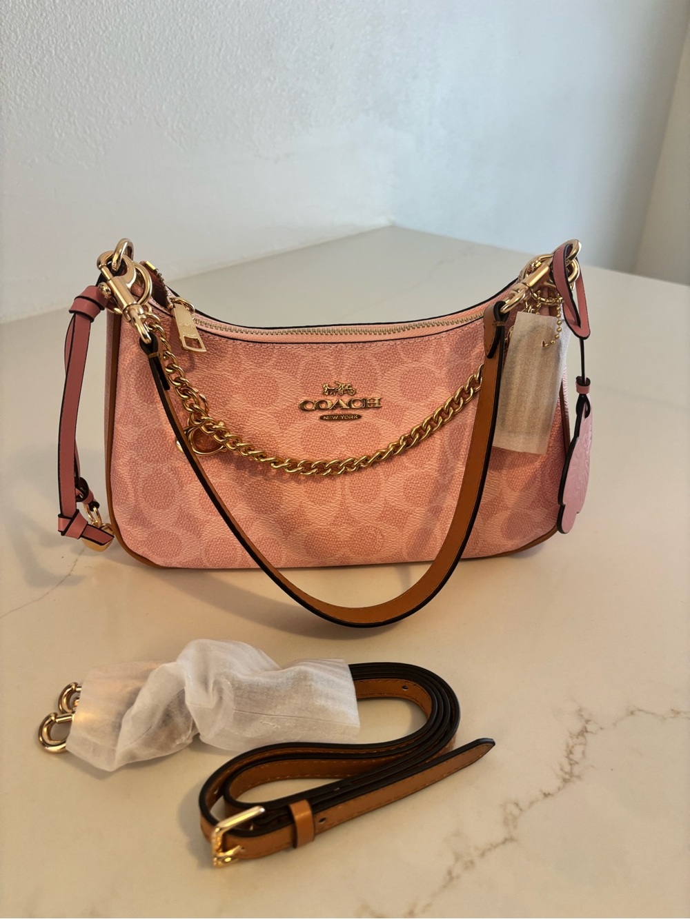 Coach Pink Signature Logo Mini Shoulder Bag with Gold Chain Detail - Picture 2 of 6